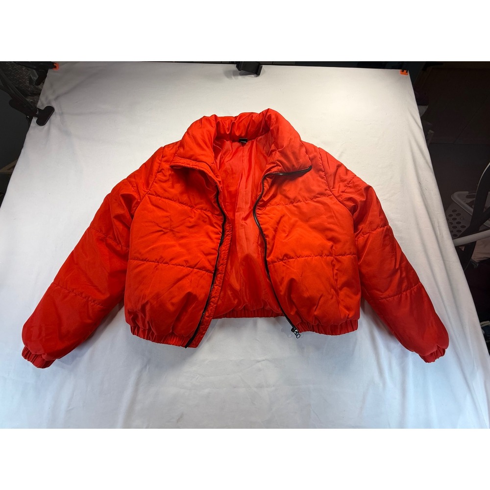 Wild Fable Women Puffer Jacket Small Orange Red Cropped Zip Up Quilted Coat